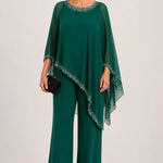 Beaded Chiffon Cape Formal Pant Suit with Wide Legs