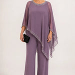 Beaded Chiffon Cape Formal Pant Suit with Wide Legs