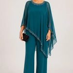 Beaded Chiffon Cape Formal Pant Suit with Wide Legs