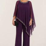 Beaded Chiffon Cape Formal Pant Suit with Wide Legs