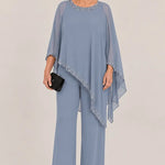 Beaded Chiffon Cape Formal Pant Suit with Wide Legs