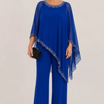 Beaded Chiffon Cape Formal Pant Suit with Wide Legs