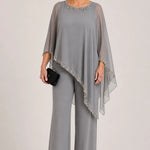 Beaded Chiffon Cape Formal Pant Suit with Wide Legs