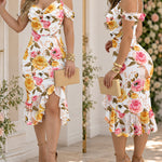 CHICME Women's Watercolor Rose Print Mesh Asymmetrical Hem Dress Pearls Decor Straps Cowl Neck Ruched Side Slit Bodycon Dress