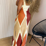 Geometric Print Square Neck Thick Strap Vacation Dress Casual Slim Fit Slit Maxi Dress