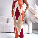 Geometric Print Square Neck Thick Strap Vacation Dress Casual Slim Fit Slit Maxi Dress