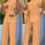 2 Pieces Outfit Turn-down Collar Cap Sleeve Button Front Tied Detail Top and Casual Zipper Fly Elastic Back Waist Wide-Leg Pants Set