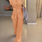 2 Pieces Outfit Turn-down Collar Cap Sleeve Button Front Tied Detail Top and Casual Zipper Fly Elastic Back Waist Wide-Leg Pants Set