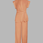 2 Pieces Outfit Turn-down Collar Cap Sleeve Button Front Tied Detail Top and Casual Zipper Fly Elastic Back Waist Wide-Leg Pants Set