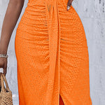 Halter Tie Criss Cross Front Ruched Knit Jacquard Textured Slit Dress Casual Hollow-out Draped Vacation Dress