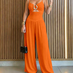 Women's Gold Ring Hollow Out Wide Leg Jumpsuit Backless Adjustable Strap Romper Elegant Party Jumpsuit