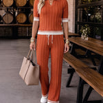 Women's Contrast Binding Two Piece Knit Set Short Sleeve Top and Drawstring Straight Leg Pants Casual Loungewear