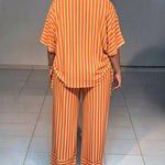Women's Striped 2 Piece Outfits V Neck Short Sleeve Drawstring Top and Wide Leg Pants Set with Pockets