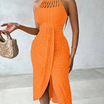 Halter Tie Criss Cross Front Ruched Knit Jacquard Textured Slit Dress Casual Hollow-out Draped Vacation Dress