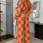 Women's Vintage Print 2 Piece Set Ruffle Off Shoulder Flared Cuff Top and Wide Leg Pants Casual Tropical Vacation Outfits