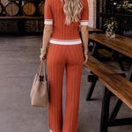 Women's Contrast Binding Two Piece Knit Set Short Sleeve Top and Drawstring Straight Leg Pants Casual Loungewear