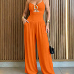 Women's Gold Ring Hollow Out Wide Leg Jumpsuit Backless Adjustable Strap Romper Elegant Party Jumpsuit