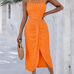 Halter Tie Criss Cross Front Ruched Knit Jacquard Textured Slit Dress Casual Hollow-out Draped Vacation Dress