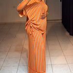 Women's Striped 2 Piece Outfits V Neck Short Sleeve Drawstring Top and Wide Leg Pants Set with Pockets