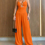 Women's Gold Ring Hollow Out Wide Leg Jumpsuit Backless Adjustable Strap Romper Elegant Party Jumpsuit