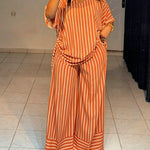 Women's Striped 2 Piece Outfits V Neck Short Sleeve Drawstring Top and Wide Leg Pants Set with Pockets