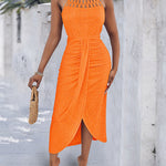 Halter Tie Criss Cross Front Ruched Knit Jacquard Textured Slit Dress Casual Hollow-out Draped Vacation Dress