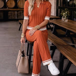 Women's Contrast Binding Two Piece Knit Set Short Sleeve Top and Drawstring Straight Leg Pants Casual Loungewear