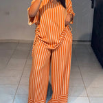 Women's Striped 2 Piece Outfits V Neck Short Sleeve Drawstring Top and Wide Leg Pants Set with Pockets