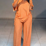 Women's Striped 2 Piece Outfits V Neck Short Sleeve Drawstring Top and Wide Leg Pants Set with Pockets