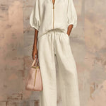 Casual Loose Solid Color Zipper Round Neck Wide-Leg Pants Set