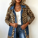 Fablenne™ | Leopard Print Denim Panel Contrast Longline Jacket