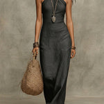 Avelina | Voluminous cotton and linen long dress, halter neck