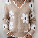 Ellsbeth | Floral Knit Scalloped V-Neck Sweater