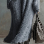 Comfortable Lazy V-neck Gray Imitation Rabbit Fur Knitted Long-sleeved Maxi Dress