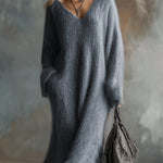 Comfortable Lazy V-neck Gray Imitation Rabbit Fur Knitted Long-sleeved Maxi Dress