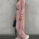 Women's 3 Piece Knit Set Long Cardigan Criss Cross Crop Tank Top and Wide Leg Pants Casual Ribbed Brushed Lounge Set