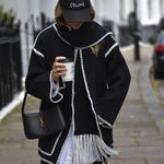 Women's Thickened Loose Woolen Coat with Fringed Scarf