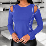 Women's Long Sleeve Top Sparkly Rhinestone Cutout Tee Slim Fit Round Neck T-Shirt