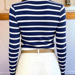 Women's Striped Knit Top Gold Button Long Sleeve Pullover Crewneck Slim Fit Knitwear Contrast Binding Sweater
