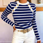 Women's Striped Knit Top Gold Button Long Sleeve Pullover Crewneck Slim Fit Knitwear Contrast Binding Sweater