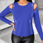 Women's Long Sleeve Top Sparkly Rhinestone Cutout Tee Slim Fit Round Neck T-Shirt