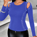 Women's Long Sleeve Top Sparkly Rhinestone Cutout Tee Slim Fit Round Neck T-Shirt