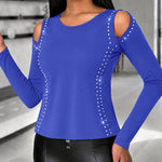 Women's Long Sleeve Top Sparkly Rhinestone Cutout Tee Slim Fit Round Neck T-Shirt