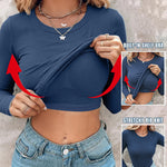 Women's Crewneck Long Sleeve Ribbed Knit Top Slim Fit Base Layer Shirt Soft Stretchy Casual Tee with Built-in Bra