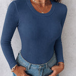 Women's Crewneck Long Sleeve Ribbed Knit Top Slim Fit Base Layer Shirt Soft Stretchy Casual Tee with Built-in Bra