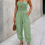 Women's Chain Strap Jumpsuit Hollow Out Shirred Waist Overalls Casual Jogger Jumpsuit with Pockets