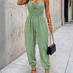 Women's Chain Strap Jumpsuit Hollow Out Shirred Waist Overalls Casual Jogger Jumpsuit with Pockets