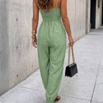 Women's Chain Strap Jumpsuit Hollow Out Shirred Waist Overalls Casual Jogger Jumpsuit with Pockets