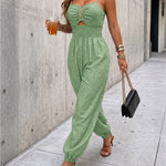 Women's Chain Strap Jumpsuit Hollow Out Shirred Waist Overalls Casual Jogger Jumpsuit with Pockets