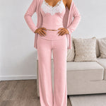 Women's 3 Piece Outfits Lace Cami Top and Long Sleeve Cardigan and Straight Leg Pants Set Casual Lounge Sleepwear Suits